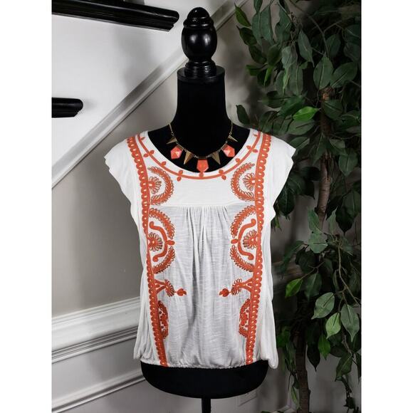 Free People Top Women XS White Orange Embroidered Boho Keyhole Cotton - Picture 1 of 14